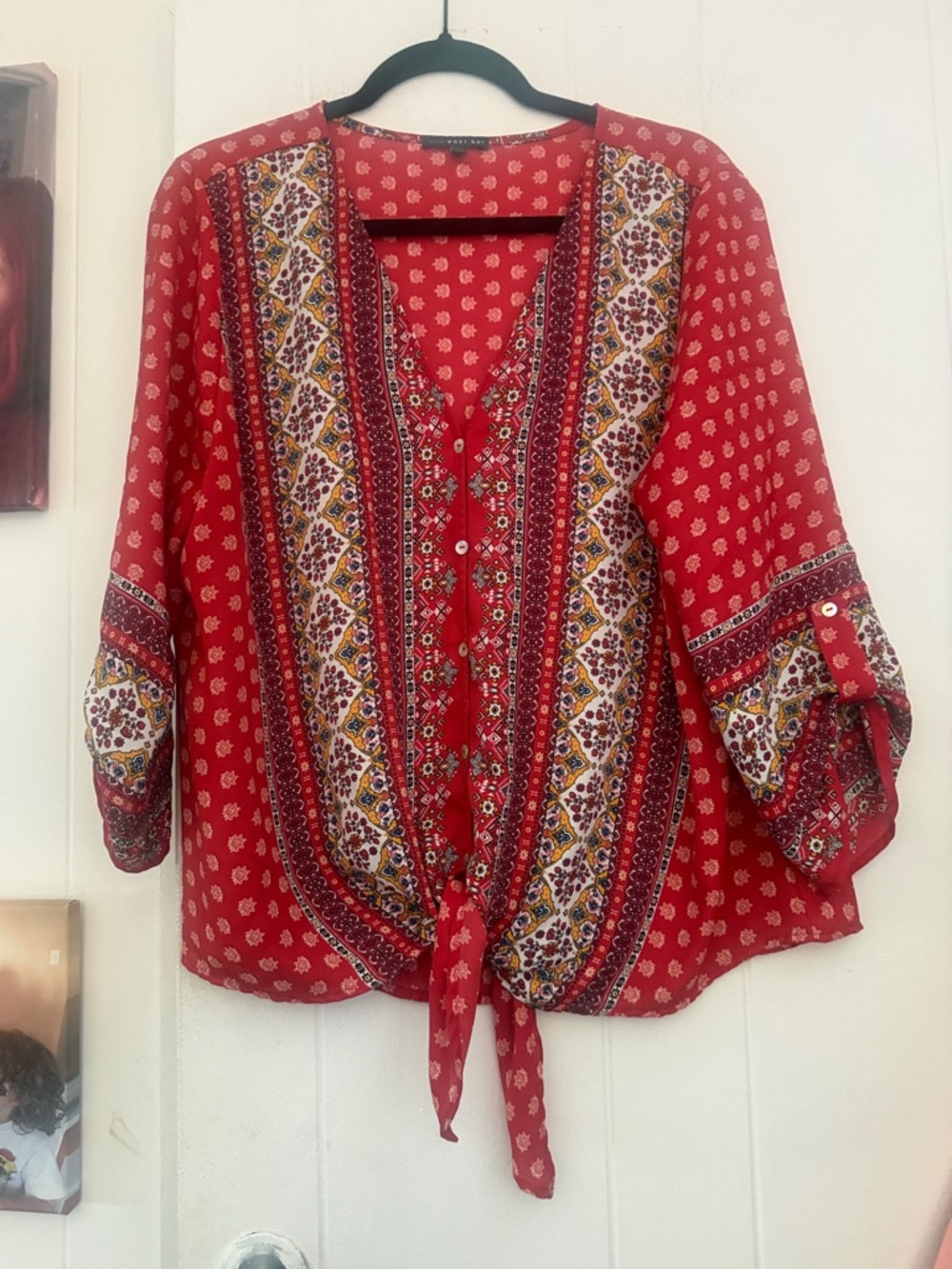 West Kei Red Printed Tie-Front Boho Blouse